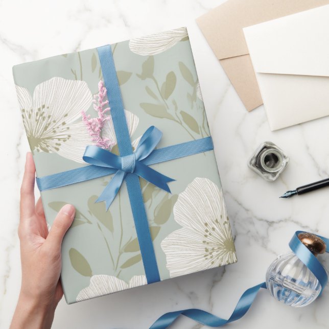 Soft Green Flower Cream Floral Pattern Wrapping Paper (Gifting)