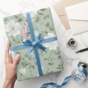 Soft Green Flower Cream Floral Pattern Wrapping Paper
