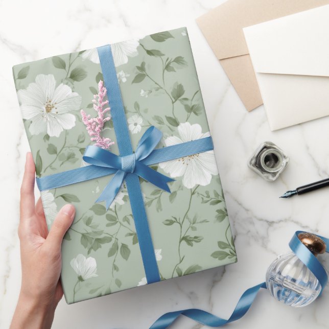 Soft Green Flower Cream Floral Pattern Wrapping Paper (Gifting)