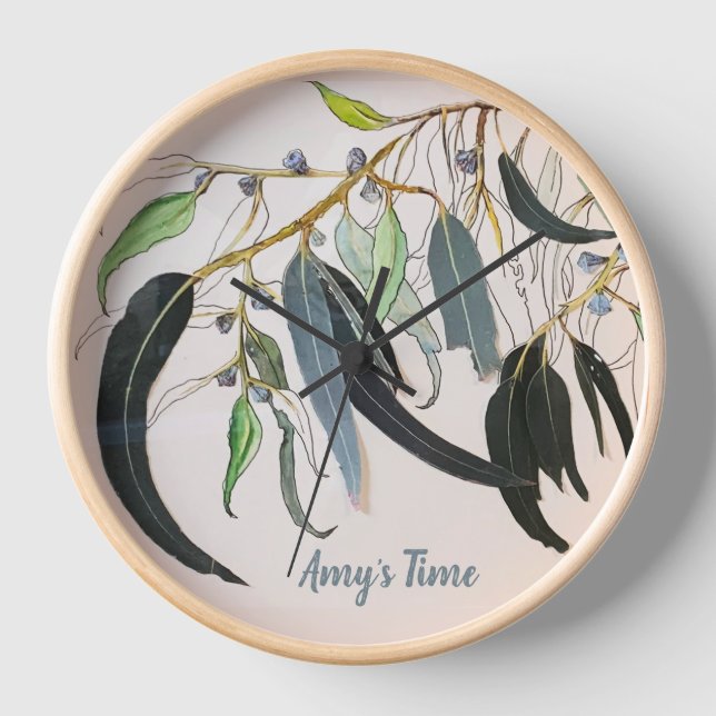 soft green gum leaf watercolour  clock (Front)