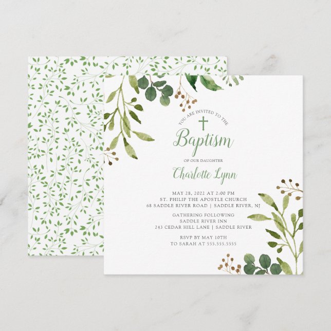 Soft Green Leaf Baptism Invitation (Front/Back)