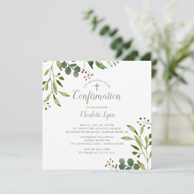 Soft Green Leaf Confirmation Invitation (Standing Front)