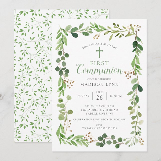 Soft Green Leaf First Communion Invitation (Front/Back)