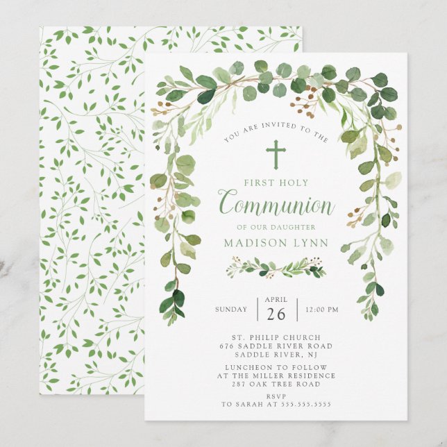 Soft Green Leaf First Communion Invitation (Front/Back)