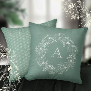 Soft green leafy wreath letter A Throw Pillow