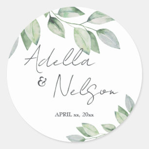 Soft Green Leaves Wedding Classic Round Sticker