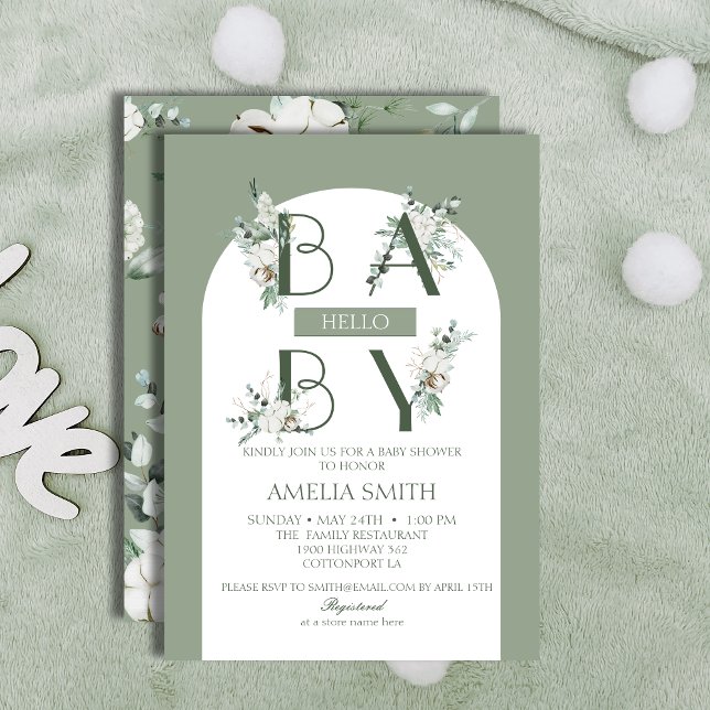 Soft Green Minimalist Hello Baby Floral Arch Invitation (Creator Uploaded)