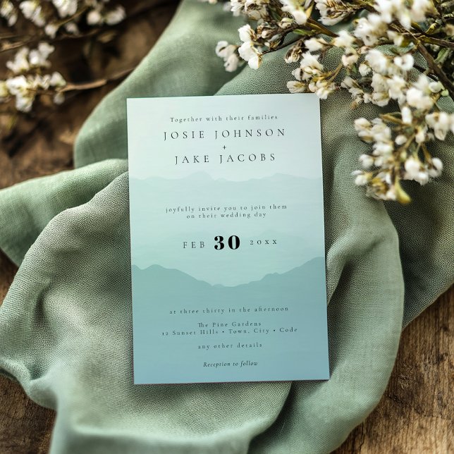 Soft green mountains wedding invitation (Soft green mountains wedding invitation featuring a delicate watercolor and photo)