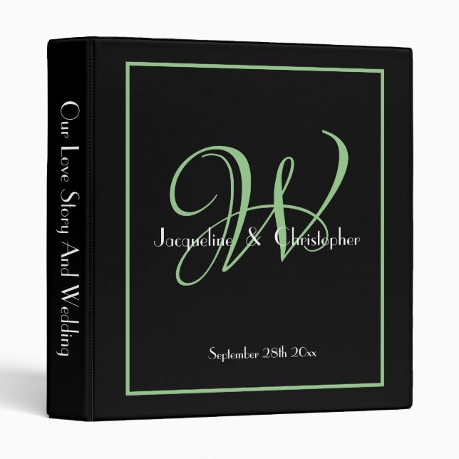Soft Green Newlywed Monogram White Script Black Binder (Front/Spine)