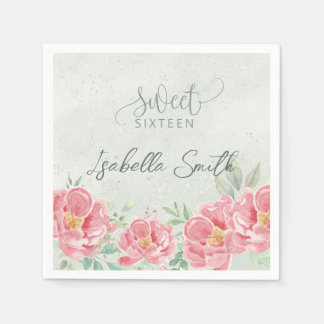 Soft Green & Pink Floral Sweet Sixteen  Napkin