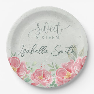 Soft Green & Pink Floral Sweet Sixteen  Paper Plate