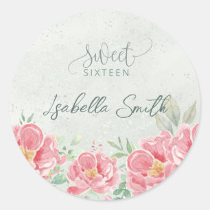 Soft Green & Pink Floral Sweet Sixteen Party Classic Round Sticker