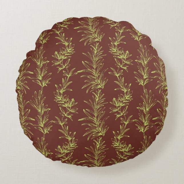 Soft Green Rosemary Branch Outline Round Pillow (Front)
