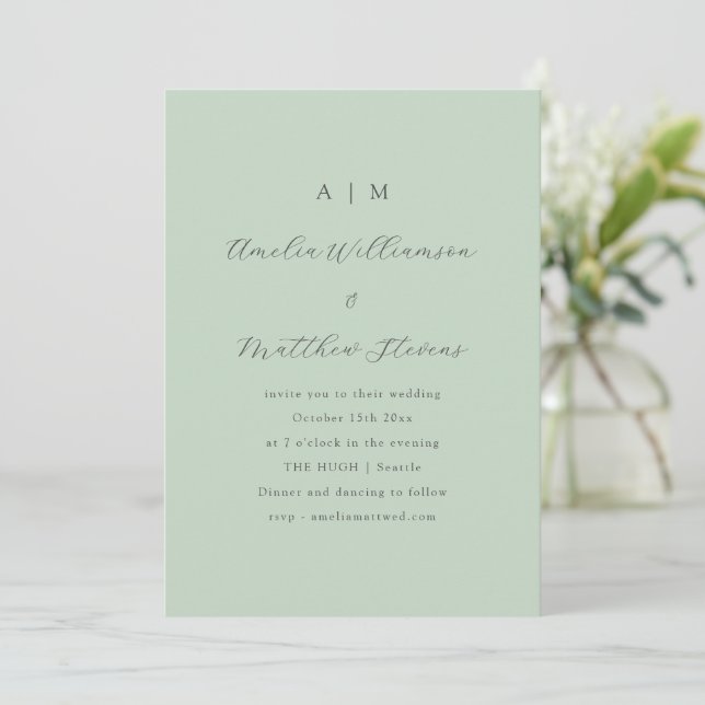Soft Green Script Modern Minimalist Wedding Spring Invitation (Standing Front)