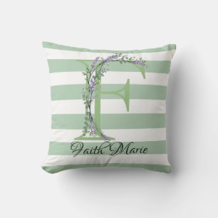 Soft green strips monogram lavender greenery outdoor pillow