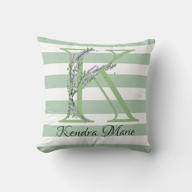Soft green strips monogram lavender greenery outdoor pillow (Front)