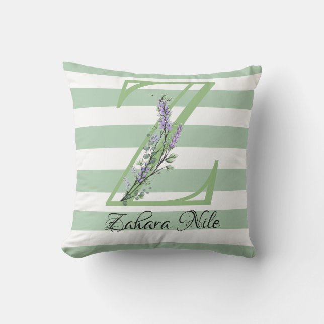 Soft green strips monogram lavender greenery throw outdoor pillow (Front)