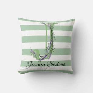 Soft green strips monogram lavender greenery throw pillow