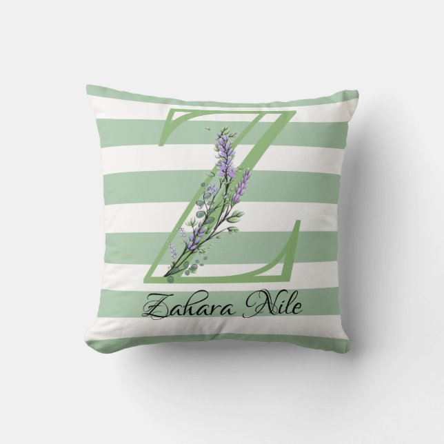 Soft green strips monogram lavender greenery throw pillow (Front)