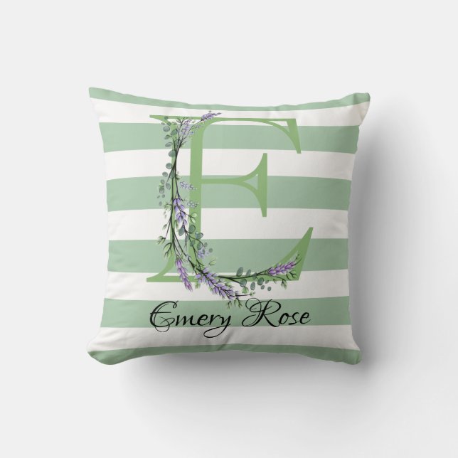 Soft green strips monogram lavender greenery throw pillow (Front)
