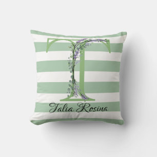Soft green strips monogram lavender greenery throw pillow