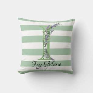 Soft green strips monogram lavender greenery throw pillow