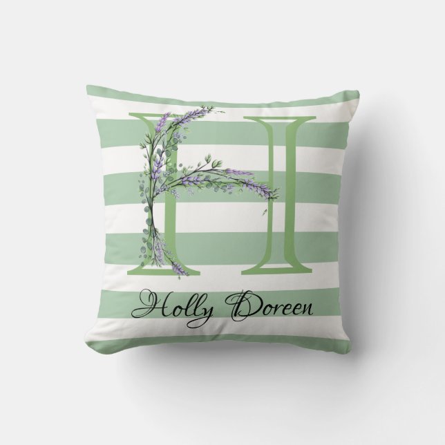 Soft green strips monogram lavender greenery throw pillow (Front)