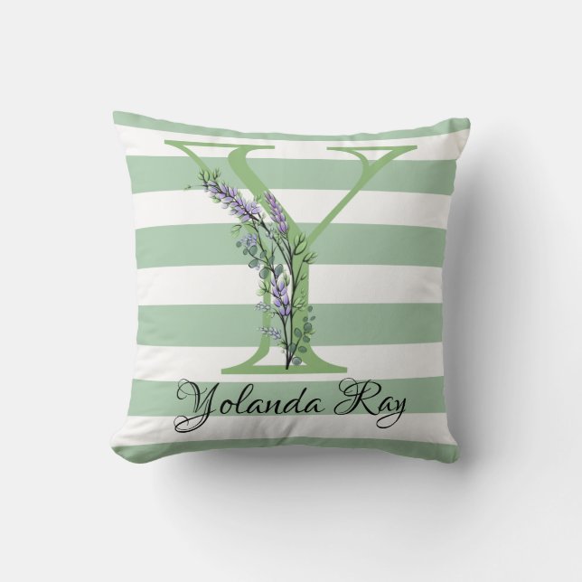 Soft green strips monogram lavender greenery throw pillow (Front)
