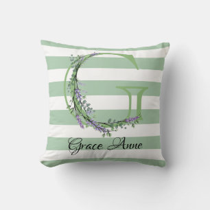 Soft green strips monogram lavender greenery throw pillow