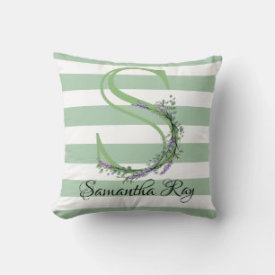 Soft green strips monogram lavender greenery throw pillow