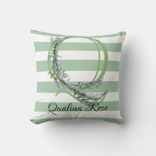 Soft green strips monogram lavender greenery throw pillow