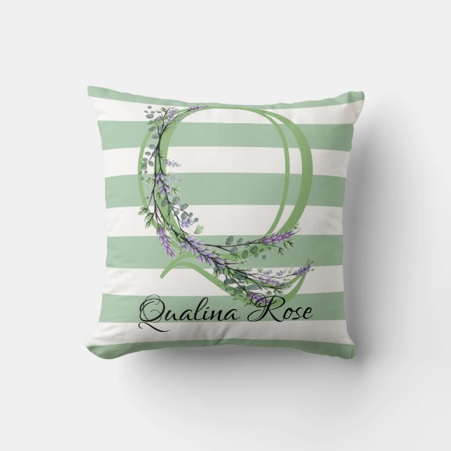 Soft green strips monogram lavender greenery throw pillow (Front)