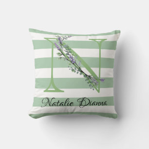Soft green strips monogram lavender greenery throw pillow