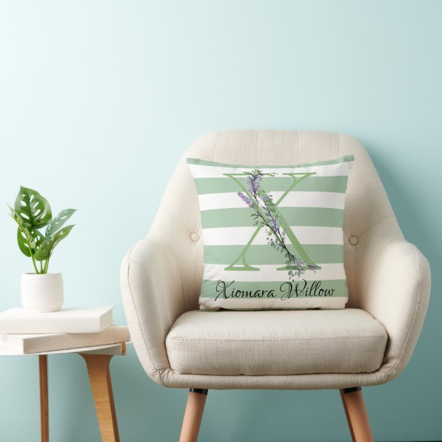 Soft green strips monogram lavender greenery throw pillow (Chair)