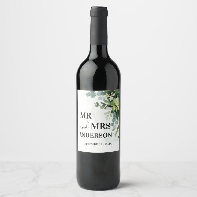 Soft Green Succulent Wedding Floral Botanical Pape Wine Label (Front)