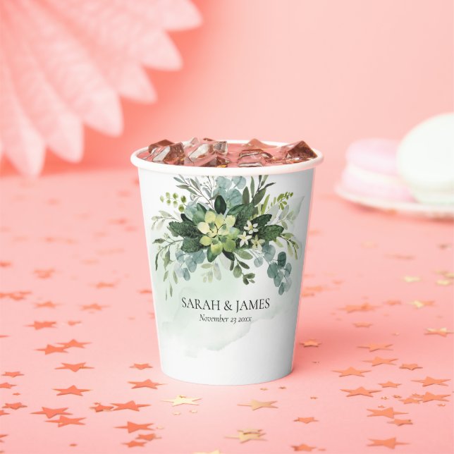 Soft Green Succulent Wedding Floral Botanical Paper Cups (Insitu)