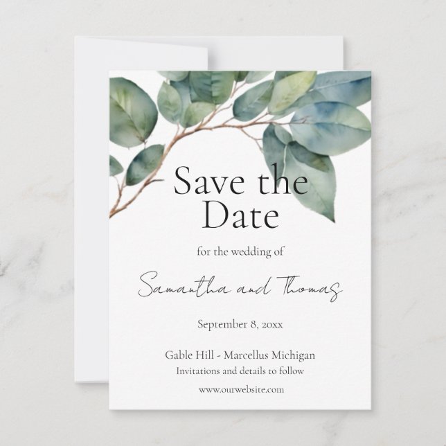Soft green teal foliage eucalyptus greenery save the date (Front)