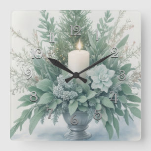 Soft Green Tones Christmas Candle Square Wall Clock