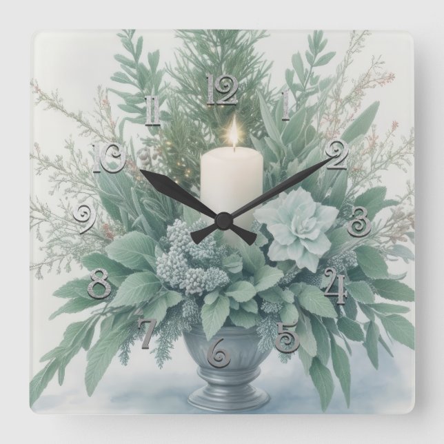 Soft Green Tones Christmas Candle Square Wall Clock (Front)