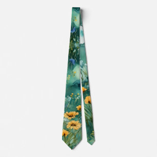 Soft Green watercolor landscape wildflowers Tie
