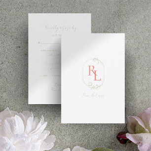 Soft Green & White Floral Coral Monogram Wedding  RSVP Card
