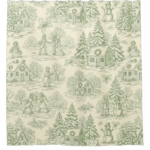 Soft Green Winter Village Toile Pattern