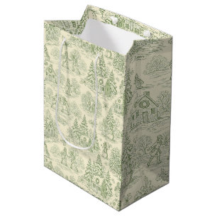 Soft Green Winter Village Toile Pattern Medium Gift Bag