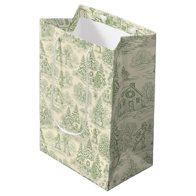 Soft Green Winter Village Toile Pattern Medium Gift Bag (Front Angled)