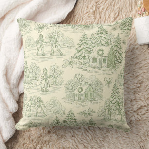 Soft Green Winter Village Toile Pattern Throw Pillow