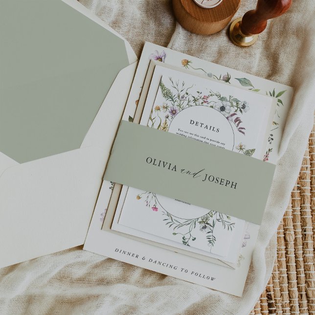 Soft Green with your Names | Wedding Invitation Belly Band (Our elegant soft green belly band coordinates perfectly with our Botanical Wildflowers wedding suite)