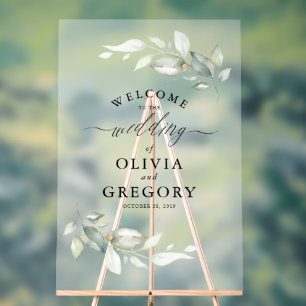 Soft Greenery and Gold Minimalist Wedding Welcome Acrylic Sign
