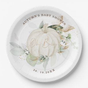 Soft Greenery Gold Pumpkin Baby Shower Fall Autumn Paper Plate