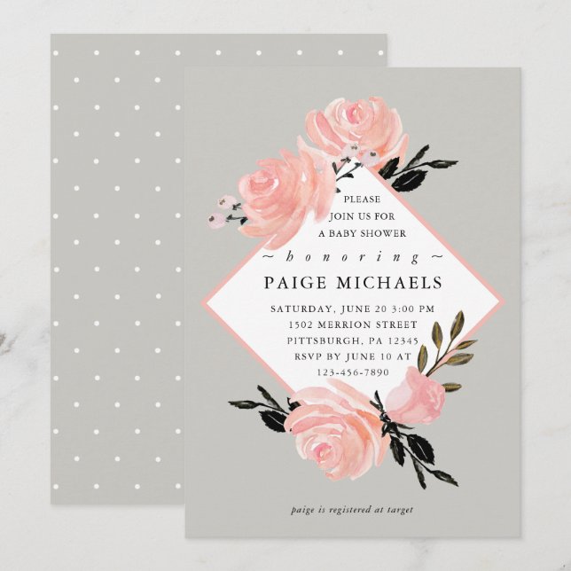 Soft Grey and Blush Floral Baby Shower Invitation (Front/Back)
