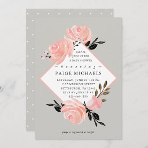Soft Grey and Blush Floral Baby Shower Invitation
